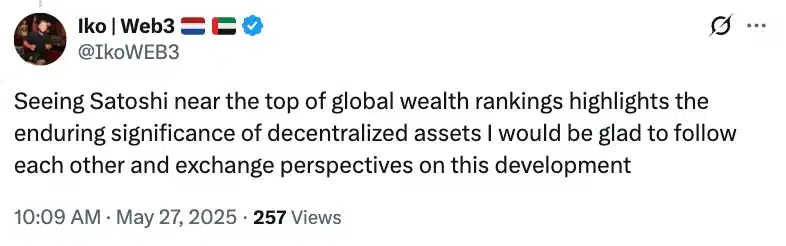 X kullanıcısı Satoshi hakkında